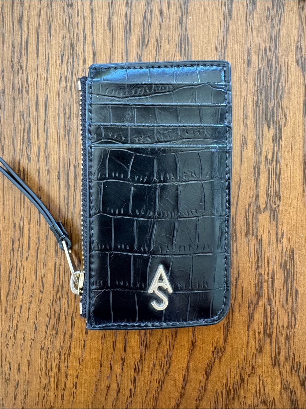 AllSaints Black Croc-Embossed Leather Card Holder with Wristlet